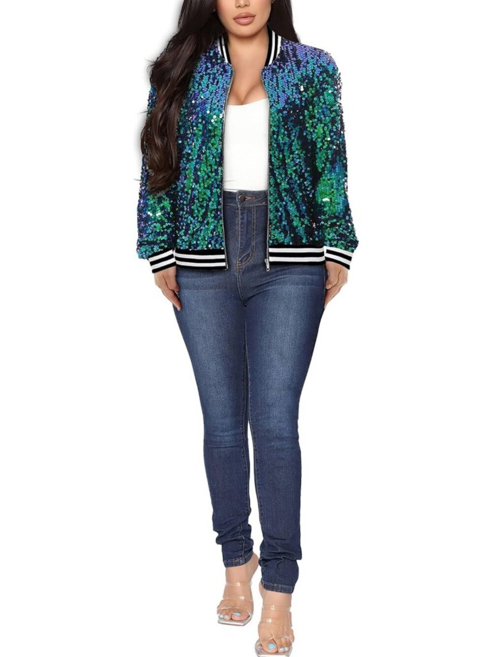 Chic Women's Long Sleeve Sequin Jacket, Open Front, Zipper Closure, Ribbed Cuffs